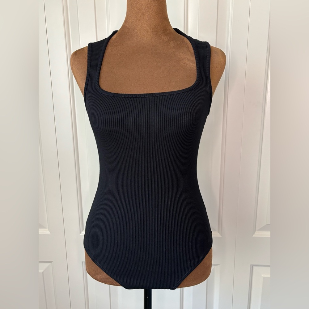 Lulus Feels Like Fate Black Ribbed Sleeveless Square Neck Bodysuit, Size Medium